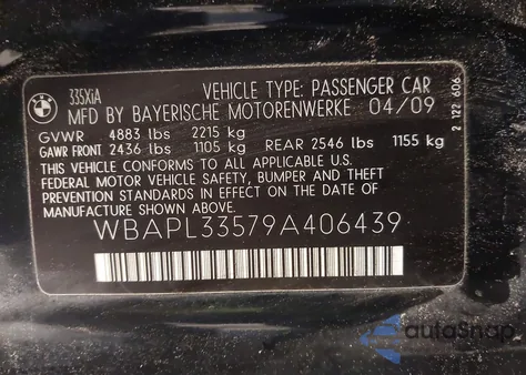 2009 BMW 335I xDrive из США, поврежденный, VIN WBAPL33579A406439